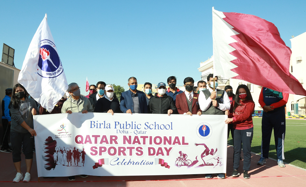 Staff and students of Birla Public School celebrating National Sport Day.