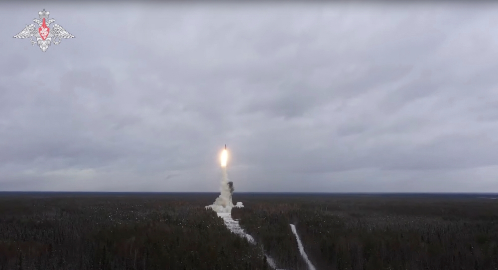 A Russian Yars intercontinental ballistic missile is launched during the exercises by nuclear forces in an unknown location in Russia, in this still image taken from video released February 19, 2022. Russian Defence Ministry/Handout via REUTERS.