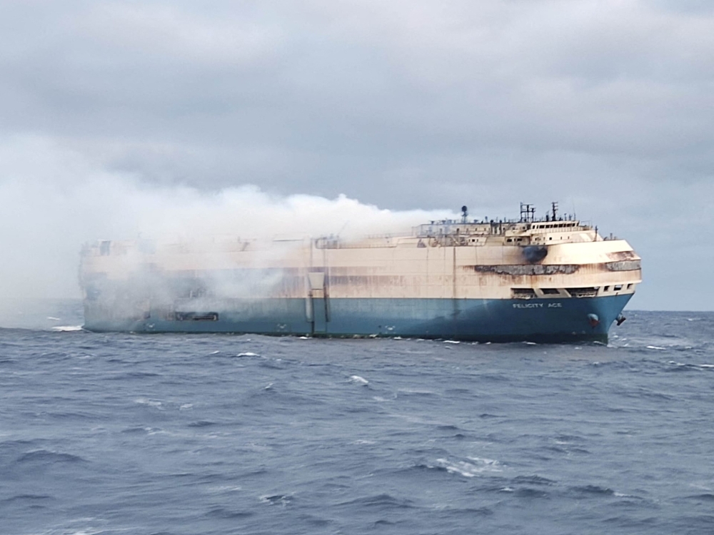 The ship, Felicity Ace burns more than 100km from the Azores islands, Portugal, February 18, 2022. Portuguese Navy (Marinha Portuguesa)/Handout via Reuters