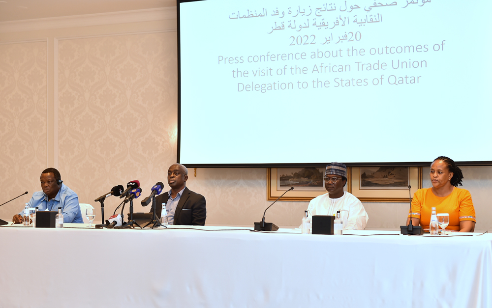 A delegation of the African Regional Organisation of the International Trade Union Confederation (ITUC-Africa) address a press conference at the conclusion of their visit to Qatar. Pic: Abdul Basit
