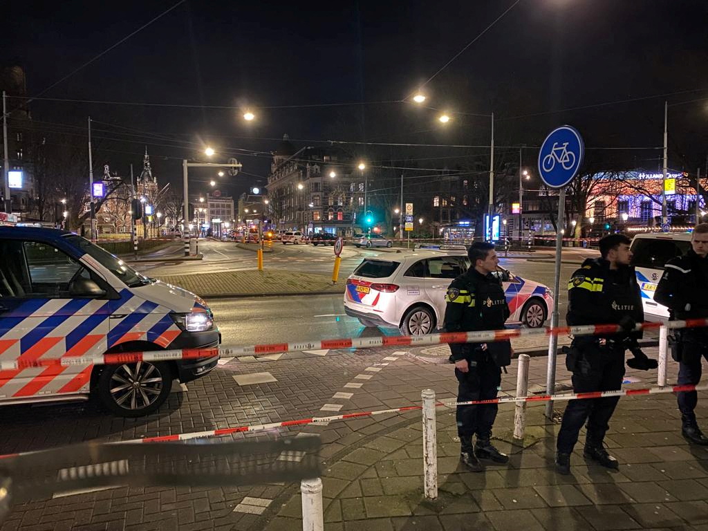 Dutch police is seen near an Apple store in central Amsterdam during a hostage incident in the store, in Amsterdam, Netherlands February 22, 2022. REUTERS/Toby Sterling
