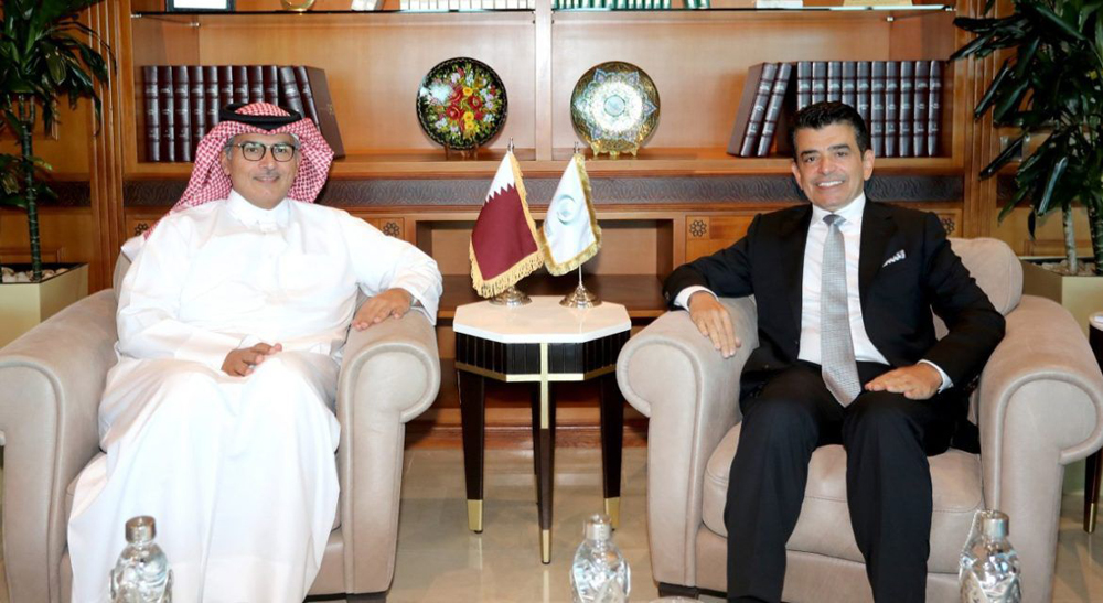 Ambassador of Qatar to Morocco H E Sheikh Abdullah bin Thamer Al Thani with the Director-General of the Islamic World Educational, Scientific and Cultural Organization (ICESCO) Dr. Salim bin Mohammed Al Malik, in Rabat, Morocco, yesterday.
