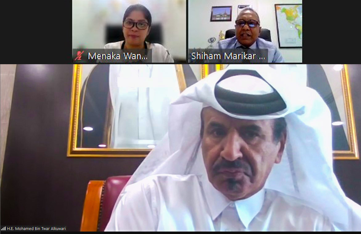 Qatar Chamber First Vice-Chairman Mohamed bin Twar Al Kuwari with Secretary General and CEO of National Chamber of Exporters of Sri Lanka Shiham Marikar via video conferencing, yesterday.