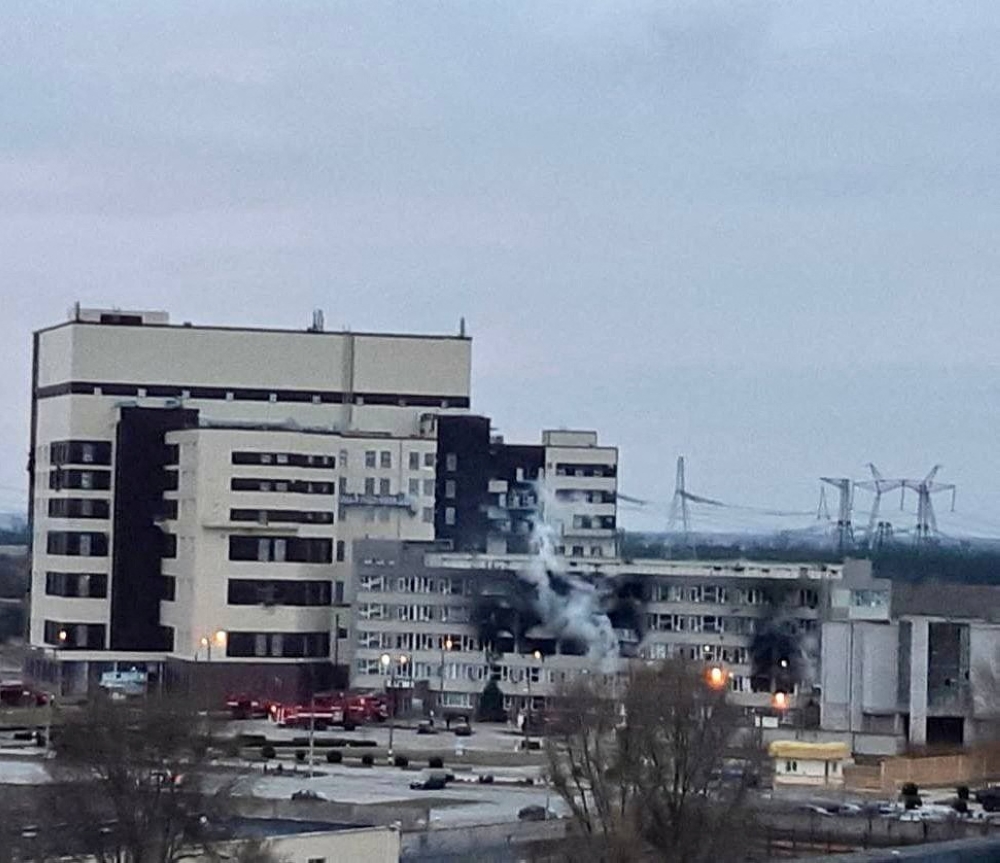 A view shows a damaged administrative building of the Zaporizhzhia nuclear power plant, amid the Russian invasion of Ukraine, in Enerhodar, the Zaporizhzhia region, Ukraine in this handout picture released March 4, 2022. Press service of National Nuclear Energy Generating Company Energoatom/Handout via REUTERS