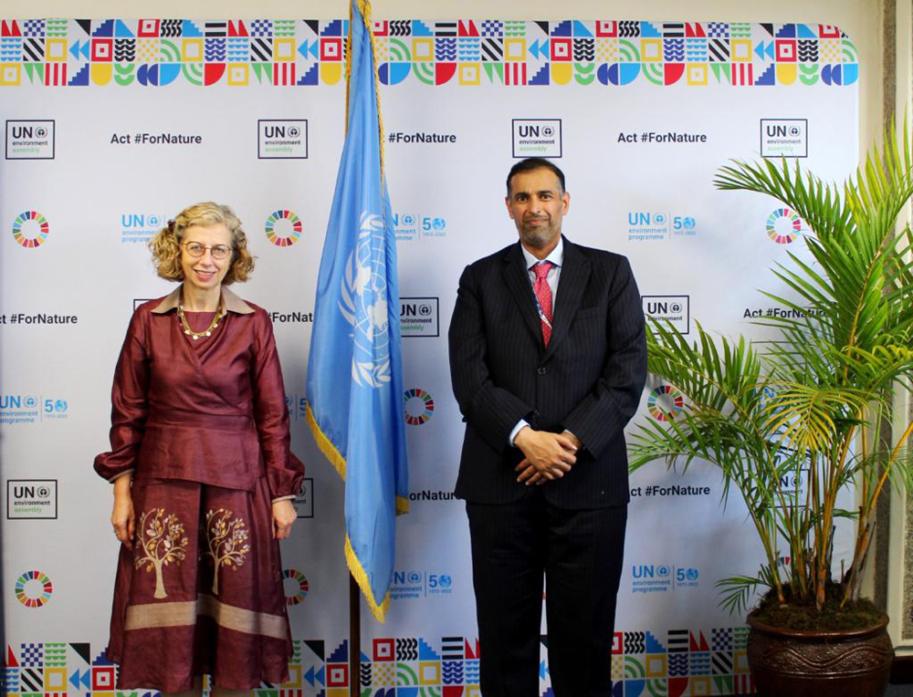 Minister of Environment and Climate Change H E Sheikh Dr. Faleh bin Nasser bin Ahmed bin Ali Al Thani with Executive Director of the UN Environment Program Inger Andersen.