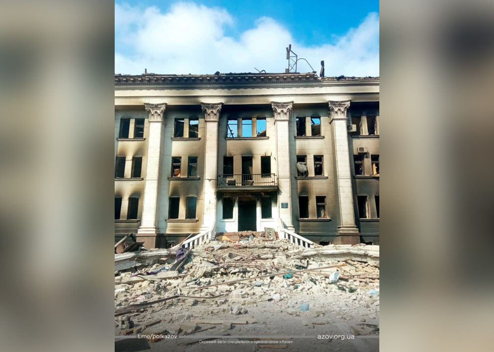 General view of the remains of the drama theatre which was hit by a bomb when hundreds of people were sheltering inside, amid ongoing Russia's invasion, in Mariupol, Ukraine, in this handout picture released March 18, 2022. Azov Handout/ via REUTERS