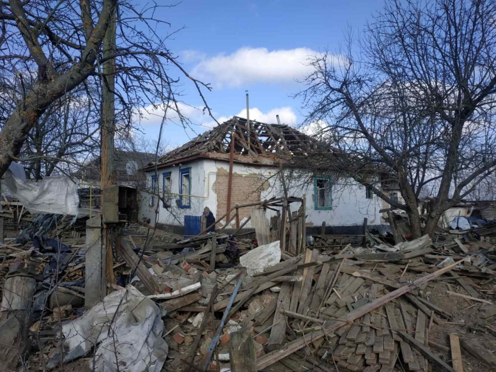A residential house damaged by shelling, as Russia's attack on Ukraine continues, is seen in the village of Rakivshchyna, in Zhytomyr region Ukraine, in this handout picture released March 24, 2022.