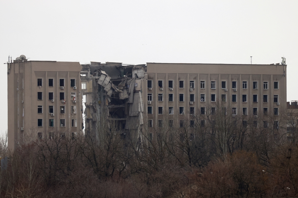A destroyed part of a Ukrainian government administration building is seen following a bombing, as Russia's invasion of Ukraine continues, in Mykolaiv, Ukraine, March 29, 2022. REUTERS/Nacho Doce