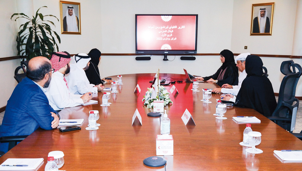 CEO of Qatar Red Crescent Society, Faisal Mohamed Al Emadi; Vice-President and Director of Government and Public Affairs at ExxonMobil Qatar, Saleh bin Saad Al Mana; and other officials during the meeting.