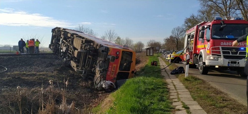 A derailed train is seen at a scene of an accident where a pick-up truck crashed into a train in Mindszent, Hungary, April 5, 2022. Police.hu/Handout via Reuters