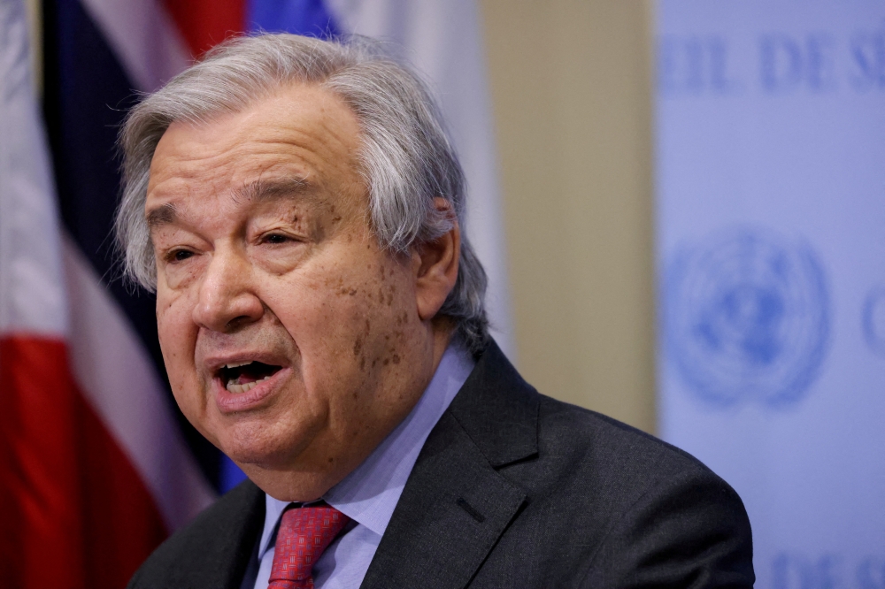 FILE PHOTO: United Nations Secretary-General Antonio Guterres speaks to the media regarding Russia's invasion of Ukraine, at the United Nations Headquarters in New York City, U.S., March 14, 2022. REUTERS/Andrew Kelly