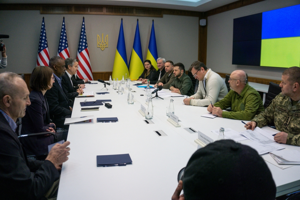 US Secretary of Defense Lloyd Austin and US Secretary of State Antony Blinken meet with Ukrainian Foreign Minister Dmytro Kuleba and Ukrainian President Volodymyr Zelenskiy, in Kyiv, Ukraine April 24, 2022. Department of Defense via AP /Handout via Reuters