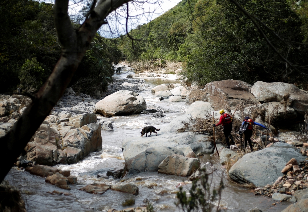 Rescue teams use tracking dogs to search for bodies after heavy rains caused flooding in Umbumbulu near Durban, South Africa, April 18, 2022. Reuters/Rogan Ward