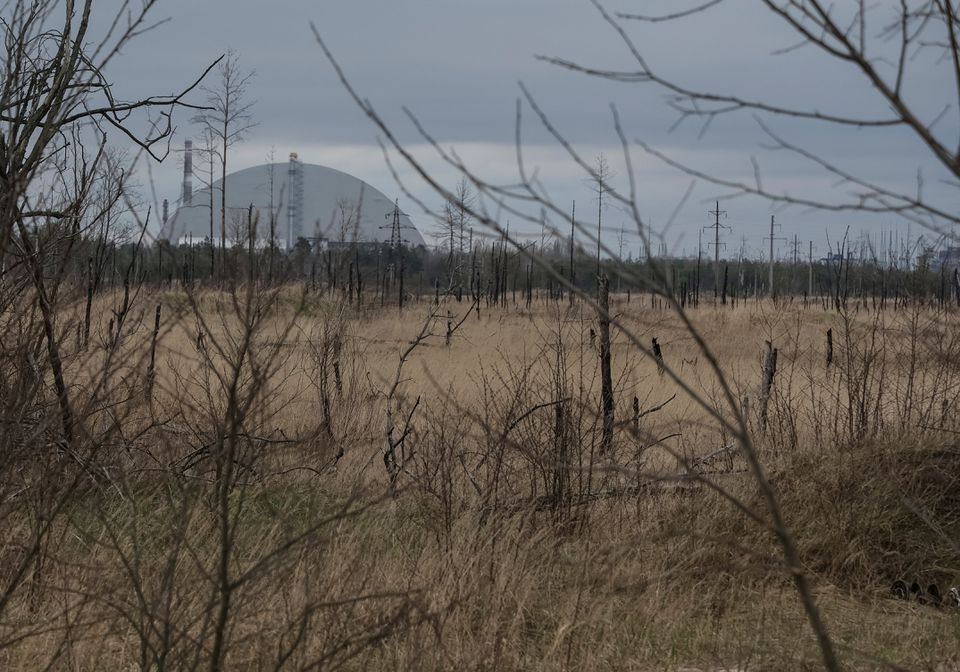 A general view shows an area with high levels of radiation called the Red Forest, and the New Safe Confinement (NSC) structure over the old sarcophagus covering the damaged fourth reactor at the Chornobyl Nuclear Power Plant as Russia's attack on Ukraine continues, in Chornobyl, Ukraine April 16, 2022. REUTERS/Gleb Garanich