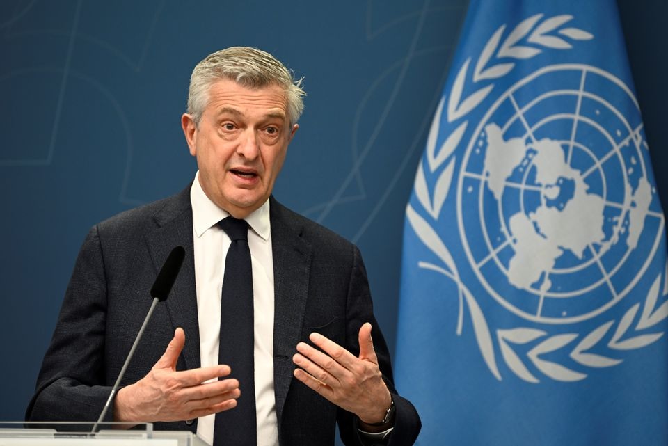 The United Nations High Commissioner for Refugees Filippo Grandi speaks during a news conference in Stockholm, Sweden March 09, 2022. Anders Wiklund/ TT News Agency/via REUTERS

