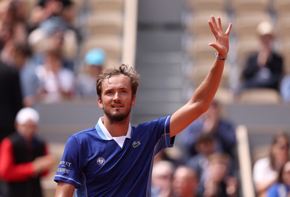 May 26, 2022 Russia's Daniil Medvedev celebrates after winning his second round match against Serbia's Laslo Djere REUTERS/Yves Herman
