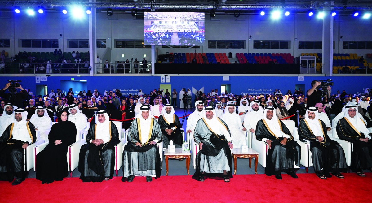 Speaker of the Shura Council, H E Hassan bin Abdullah Al Ghanim (Fourth left); Prime Minister and Minister of Interior, H E Sheikh Khalid bin Khalifa bin Abdulaziz Al Thani (Fourth right); Minister of Education and Higher Education, H E Buthaina bint Ali Al Jabr Al Nuaimi (Second left); Minister of Transport, H E Jassim Saif Ahmed Al Sulaiti (Third left); Minister of State for Energy Affairs, H E Saad Sherida Al Kaabi (Second right) and other dignitaries during the graduation ceremony.
