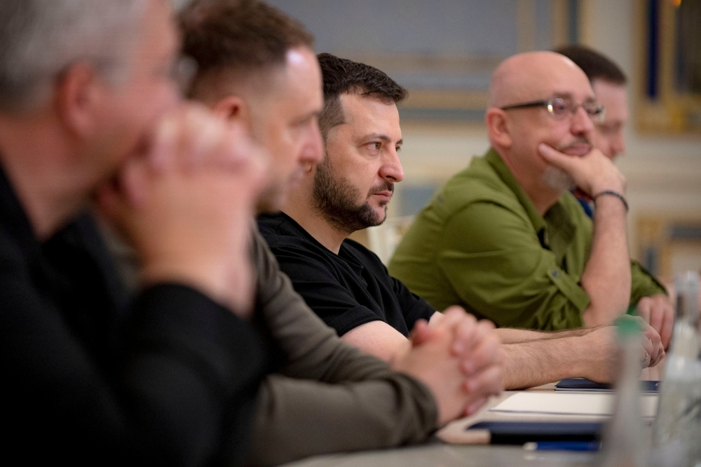 Ukraine’s President Volodymyr Zelenskiy attends a meeting with British Defence Secretary Ben Wallace, as Russia's attack on Ukraine continues, in Kyiv, Ukraine June 10, 2022. Ukrainian Presidential Press Service/Handout via Reuters