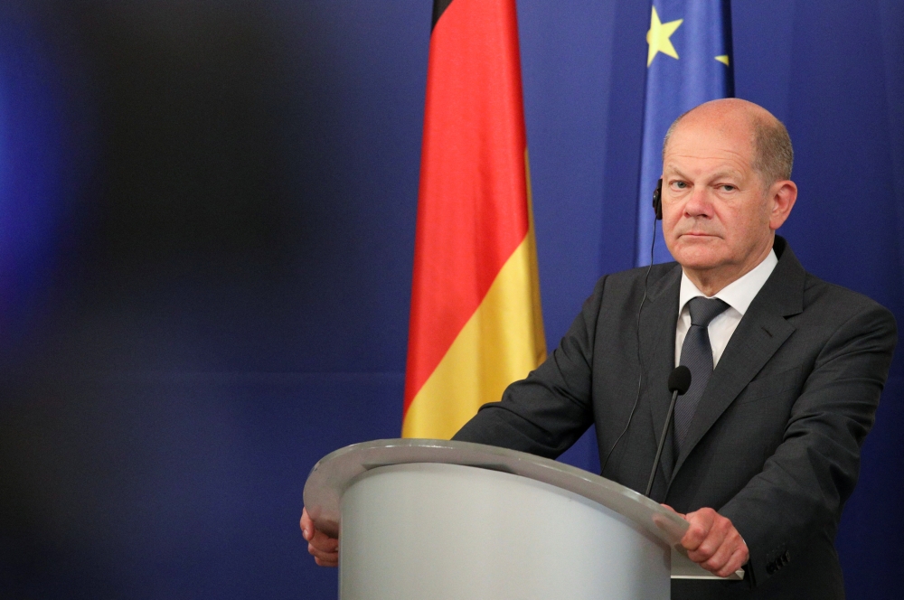 German Chancellor Olaf Scholz looks on during a joint news conference with Bulgarian Prime Minister Kiril Petkov (not pictured) after their meeting in Sofia, Bulgaria, June 11, 2022. REUTERS/Spasiyana Sergieva