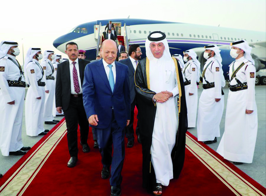 Chairman of Yemeni Presidential Leadership Council H E Rashad Muhammad Al Alimi with Minister of State for Foreign Affairs H E Sultan bin Saad Al Muraikhi at Doha International Airport. 