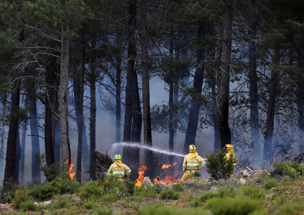 Firefighters work to extinguish a wildfire at the Sierra de la Culebra near Ferreras de Arriba, Zamora, Spain, June 19, 2022. REUTERS/Isabel Infantes