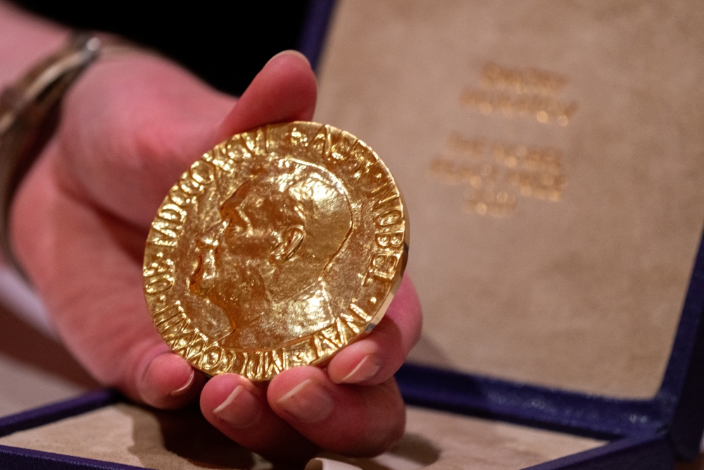 Dmitry Muratov's 2021 Nobel Peace Prize medal is exhibited prior to the auction by Heritage Auctions in New York City, New York, U.S., June 20, 2022. REUTERS/David 'Dee' Delgado
