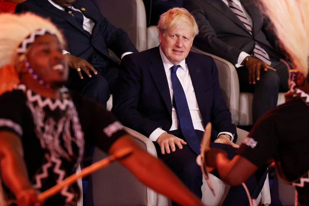British Prime Minister Boris Johnson at the opening ceremony of the Commonwealth Heads of Government Meeting (CHOGM) in Kigali, Rwanda, on June 24, 2022. (Reuters)