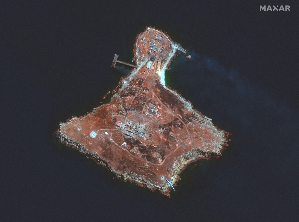 A color-infrared satellite image shows an overview of Snake Island, amid Russia's invasion of Ukraine, June 30, 2022. (Reuters)
