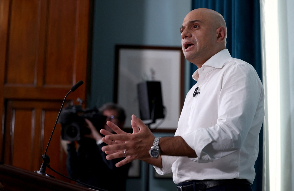 UK's former Health Minister Sajid Javid speaks to the media at an event to launch his campaign to be the next Conservative leader and prime minister, in London, Britain, on July 11, 2022. (REUTERS/Henry Nicholls)
