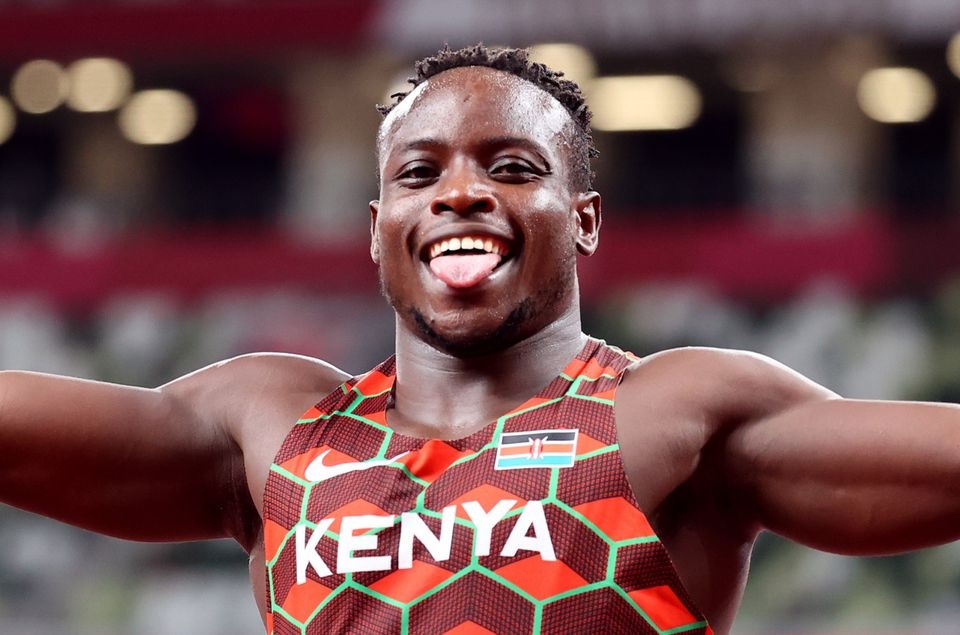 July 31, 2021. Ferdinand Omanyala Omurwa of Kenya celebrates after competing in Heat 5 REUTERS/Lucy Nicholson


