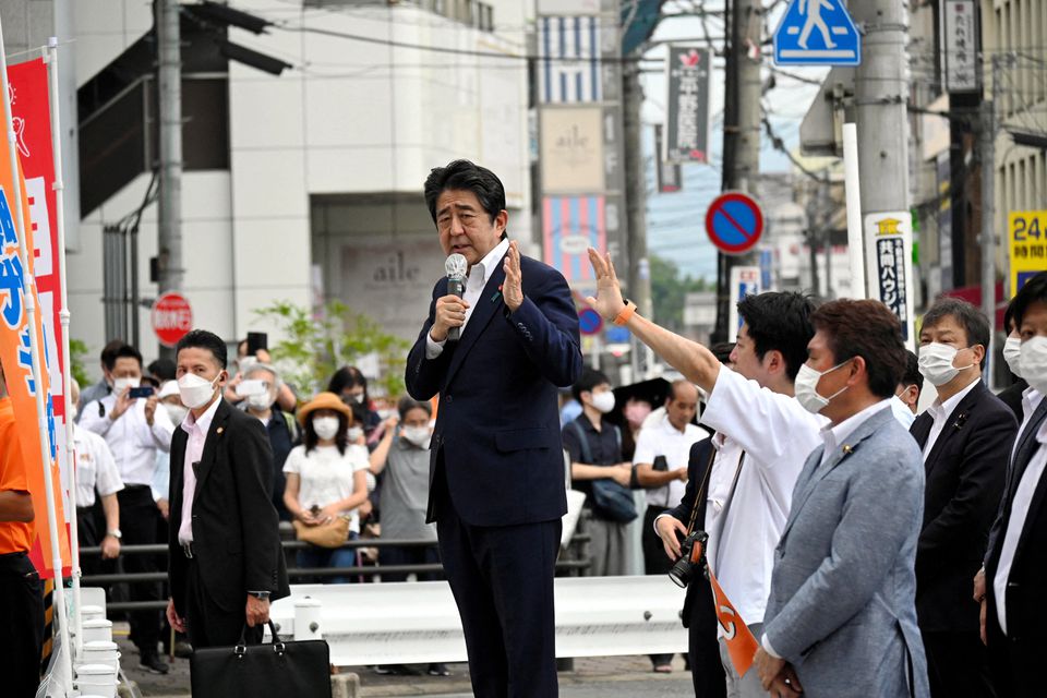 Former Japanese Prime Minister Shinzo Abe makes a speech before he was shot from behind by a man in Nara, western Japan July 8, 2022 in this photo taken by The Asahi Shimbun. The Asahi Shimbun/via REUTERS
