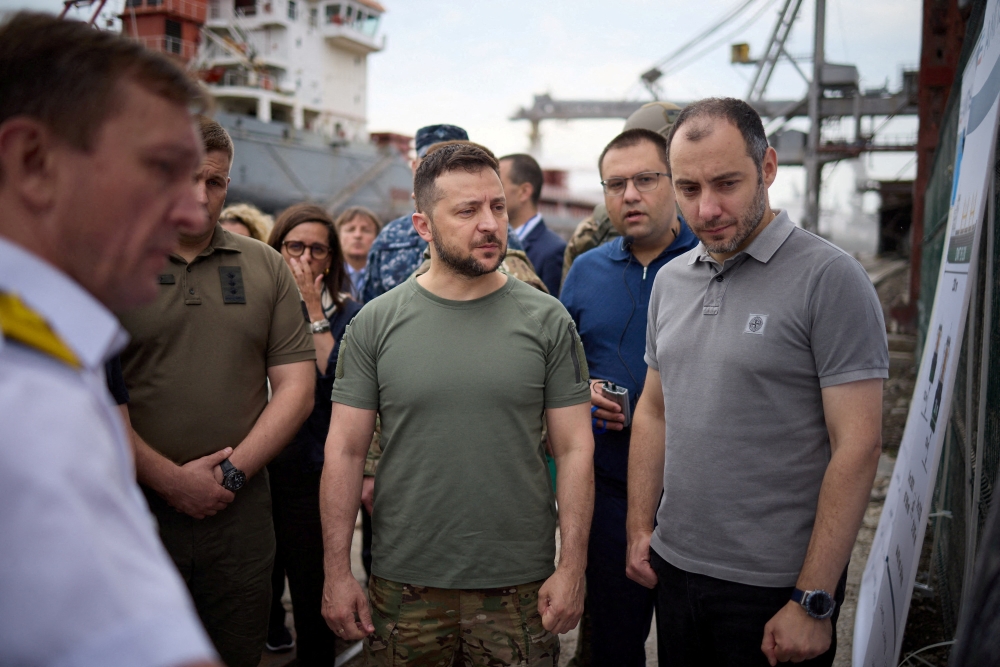 Ukraine's President Volodymyr Zelenskiy and Minister of Infrastructure Oleksandr Kubrakov visit a sea port before restarting grain export, amid Russia's attack on Ukraine continues, in Chornomorsk, Ukraine July 29, 2022. (Pic: Ukrainian Presidential Press Service)