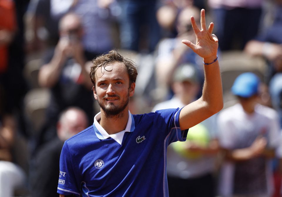 May 28, 2022 Russia's Daniil Medvedev celebrates after winning his third round match against Serbia's Miomir Kecmanovic REUTERS/Yves Herman

