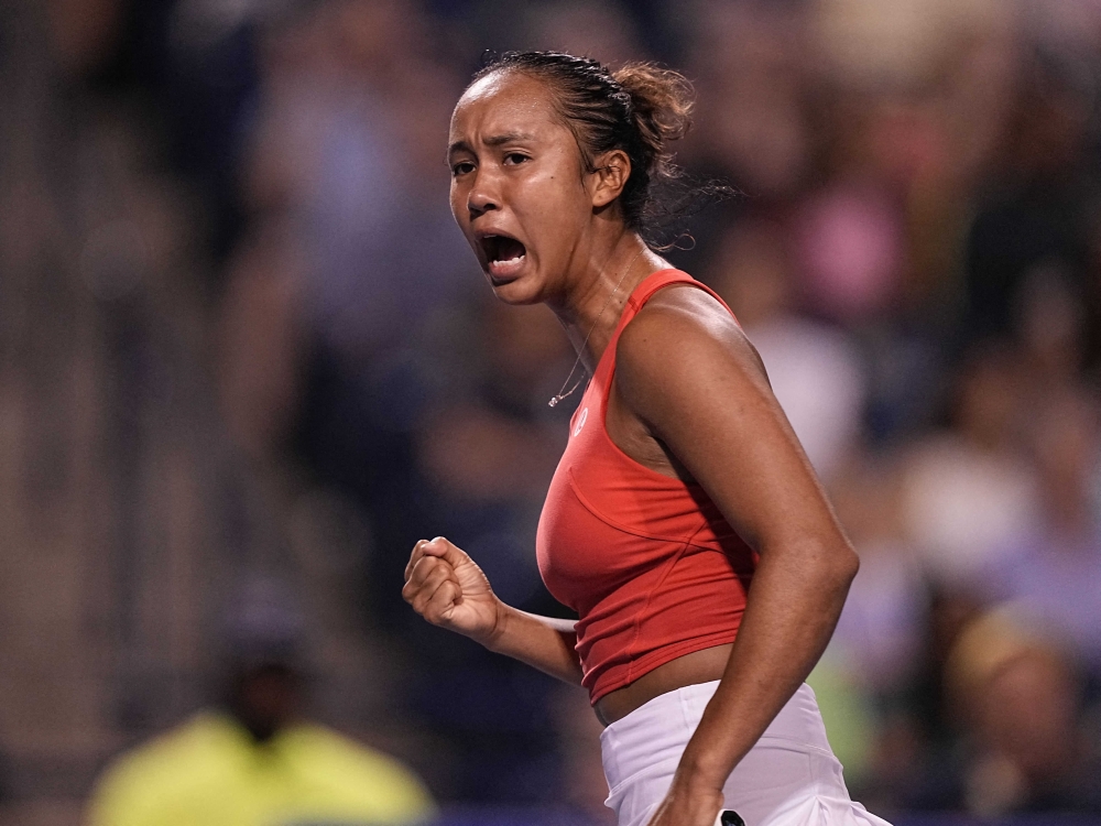 Leylah Fernandez (CAN) reacts to winning a point against Storm Sanders (AUS) (not pictured) at Sobeys Stadium. Mandatory Credit: John E. Sokolowski-USA TODAY Sports