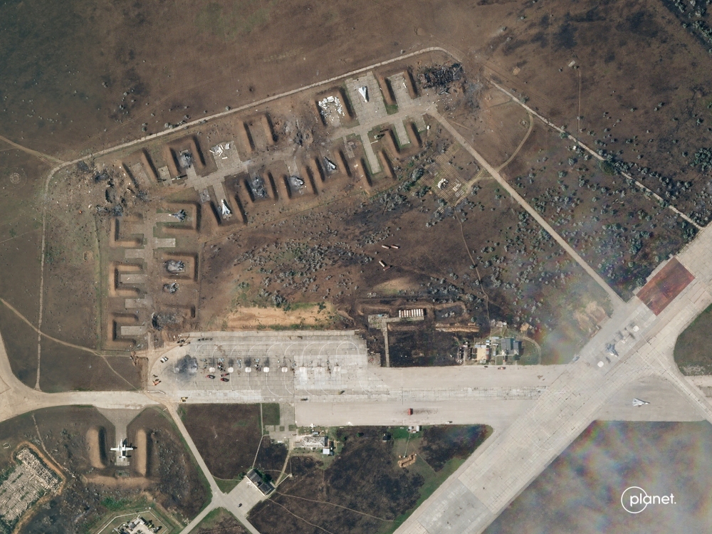 A satellite image shows destroyed Saky air base in Crimea, August 10, 2022. (Planet Labs PBC/Handout via REUTERS)