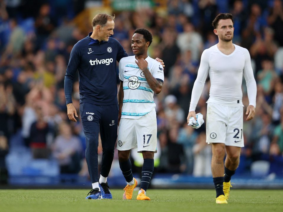 August 6, 2022 Chelsea manager Thomas Tuchel celebrates with Raheem Sterling and Ben Chilwell after the match Action Images via Reuters/Molly Darlington

