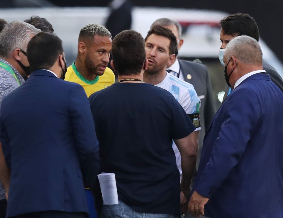 File Photo: Argentina's Lionel Messi and Brazil's Neymar are seen as play is interrupted after Brazilian health officials objected to the participation of Argentine players they say broke quarantine rules, at the Arena Corinthians, Sao Paulo, Brazil, September 5, 2021. (REUTERS/Amanda Perobelli)