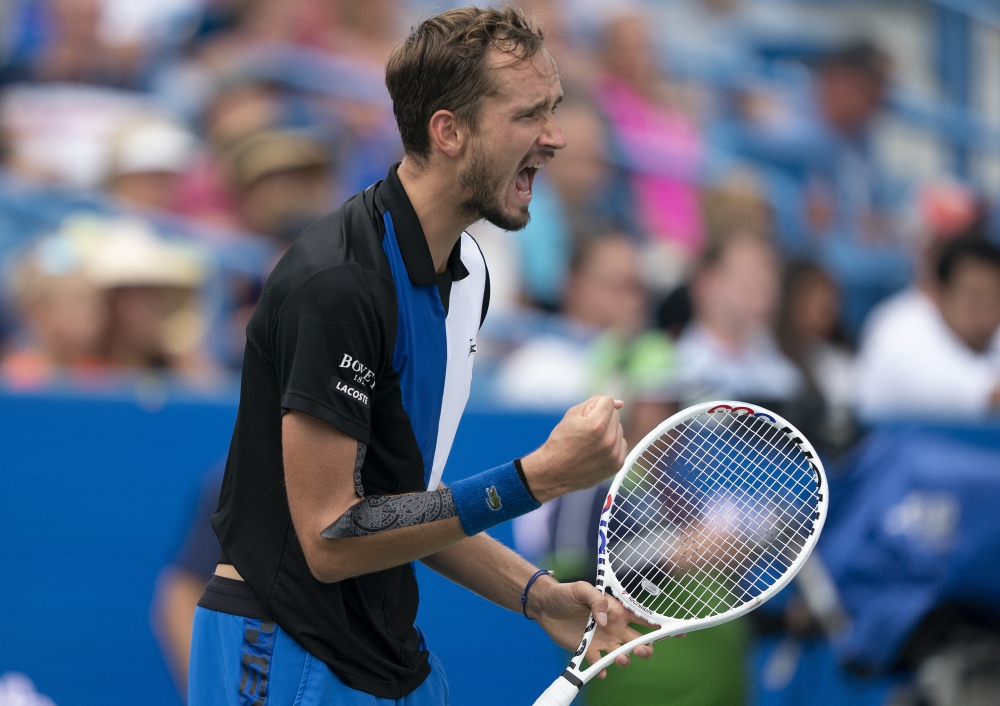 Daniil Medvedev (RUS) reacts to the point before he won his match against Taylor Fritz (USA) at the Western & Southern Open at the Lindner Family Tennis Center. Susan Mullane-USA TODAY Sports