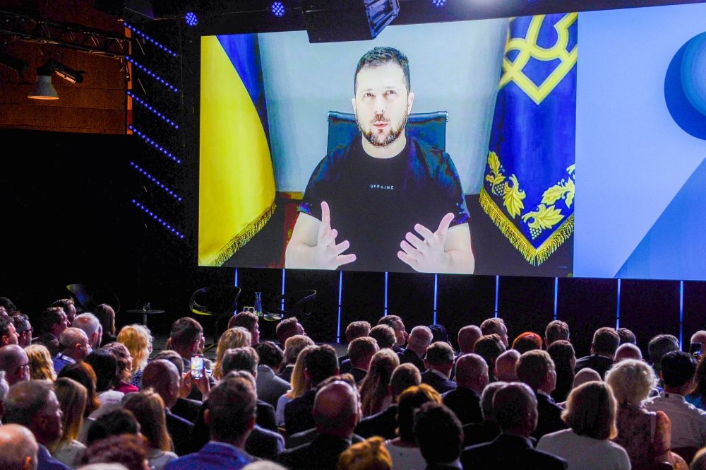 Ukrainian President Volodymyr Zelenskiy addresses the Offshore Northern Seas 2022 in Stavanger, Norway, on August 29, 2022. NTB/Carina Johansen via REUTERS