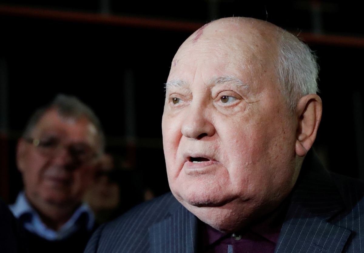 Former Soviet President Mikhail Gorbachev addresses the audience after the Russian premiere of the documentary film 