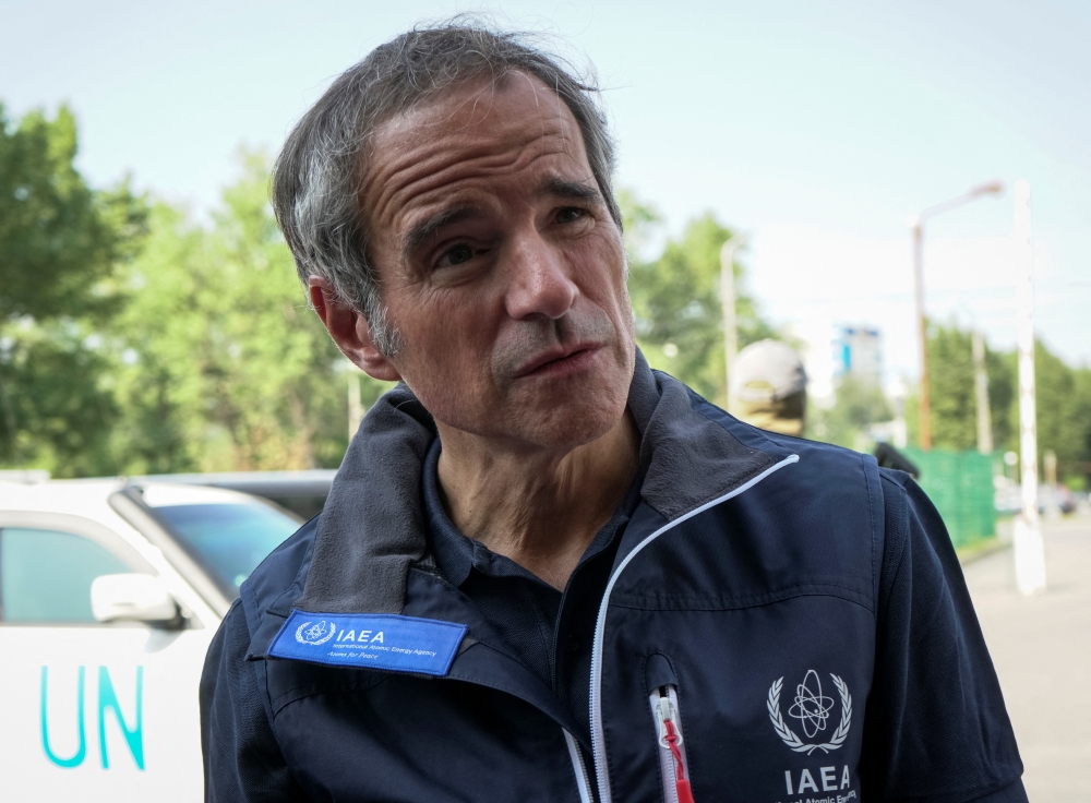 IAEA Director General Rafael Mariano Grossi speaks with journalists after the International Atomic Energy Agency (IAEA) mission arrives in Zaporizhzhia amid Russia's invasion of Ukraine, in Zaporizhzhia, Ukraine August 31, 2022. Reuters/Anna Voitenko