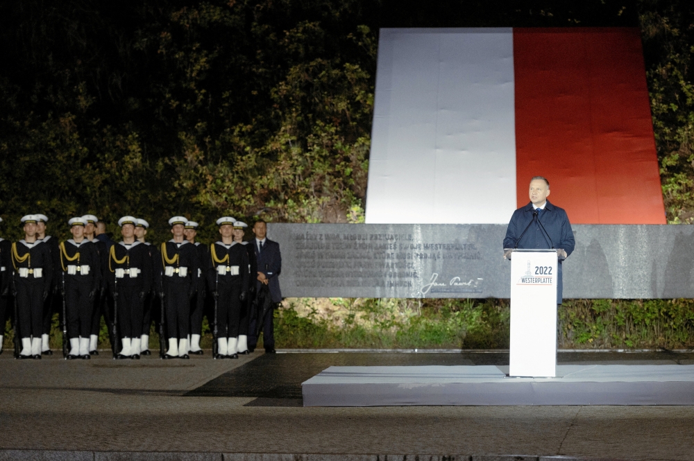 Polish President Andrzej Duda delivers a speech during a ceremony to mark the 83rd anniversary of the outbreak of World War Two at Westerplatte Memorial in Gdansk, Poland, on September 1, 2022. Bartosz Banka/Agencja Wyborcza.pl via REUTERS