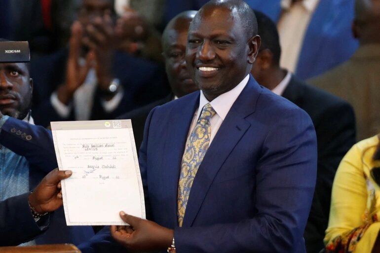 Kenya's former Deputy President William Ruto reacts after being declared the winner of Kenya's presidential election at the IEBC National Tallying Centre at the Bomas of Kenya, in Nairobi, Kenya August 15, 2022 [Thomas Mukoya/Reuters]