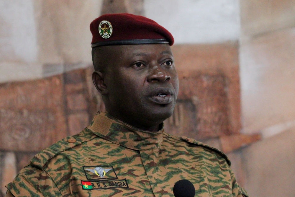 Burkina Faso military leader, Lieutenant Colonel Paul-Henri Damiba speaks during a news conference with Ivory Coast's President Alassane Ouattara at the presidential palace in Abidjan.