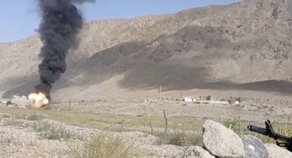 A still image from video, released by the Kyrgyz border guard service, shows what it said to be active military confrontation on Kyrgyz-Tajik border as seen from an unidentified location in the Batken region, Kyrgyzstan, on September 16, 2022. Kyrgyz Border Guard Service/Handout via REUTERS.