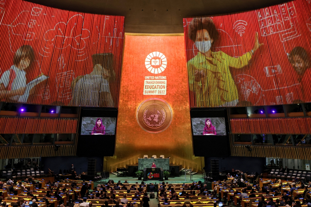 Malala Yousafzai speaks during the Transforming Education Summit on the sidelines of the United Nations General Assembly at UN headquarters in Manhattan, New York City, New York, US, on September 19, 2022. (REUTERS/Brendan McDermid)