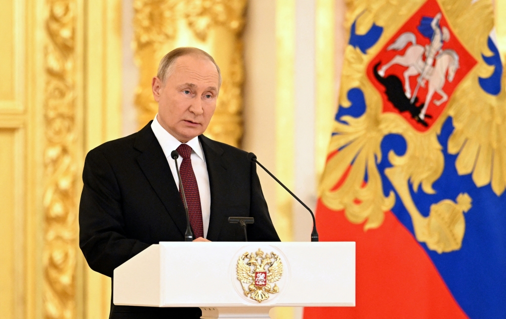 Russian President Vladimir Putin delivers a speech during a ceremony to receive letters of credence from newly-appointed foreign ambassadors at the Kremlin in Moscow on September 20, 2022. Sputnik/Pavel Bednyakov/Pool via REUTERS 
