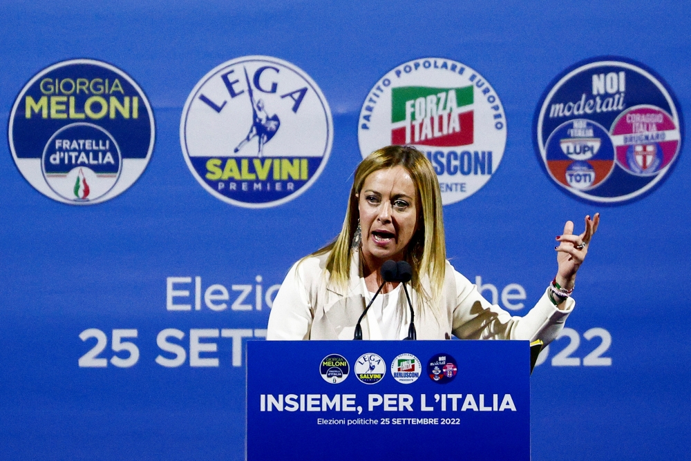 Fratelli D'Italia (Brothers of Italy) leader Giorgia Meloni speaks at the closing event of the electoral campaign in Piazza del Popolo, ahead of the September 25 general election, in Rome on September 22, 2022. REUTERS/Guglielmo Mangiapane