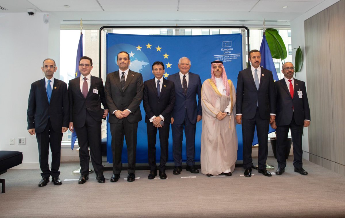 Deputy Prime Minister and Minister of Foreign Affairs H E Sheikh Mohammed bin Abdulrahman Al Thani with  Their Highnesses and Excellencies Ministers of Foreign Affairs of the Cooperation Council for the Arab States of the Gulf and High Representative of the European Union for Foreign Affairs and Security Policy H E Josep Borrell. 
