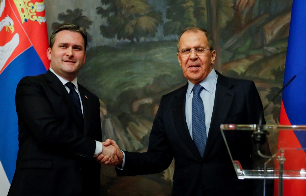 Russian Foreign Minister Sergei Lavrov shakes hands with Serbian Foreign Minister Nikola Selakovic during a news conference following their meeting in Moscow, Russia April 16, 2021. Yuri Kochetkov/Pool via Reuters